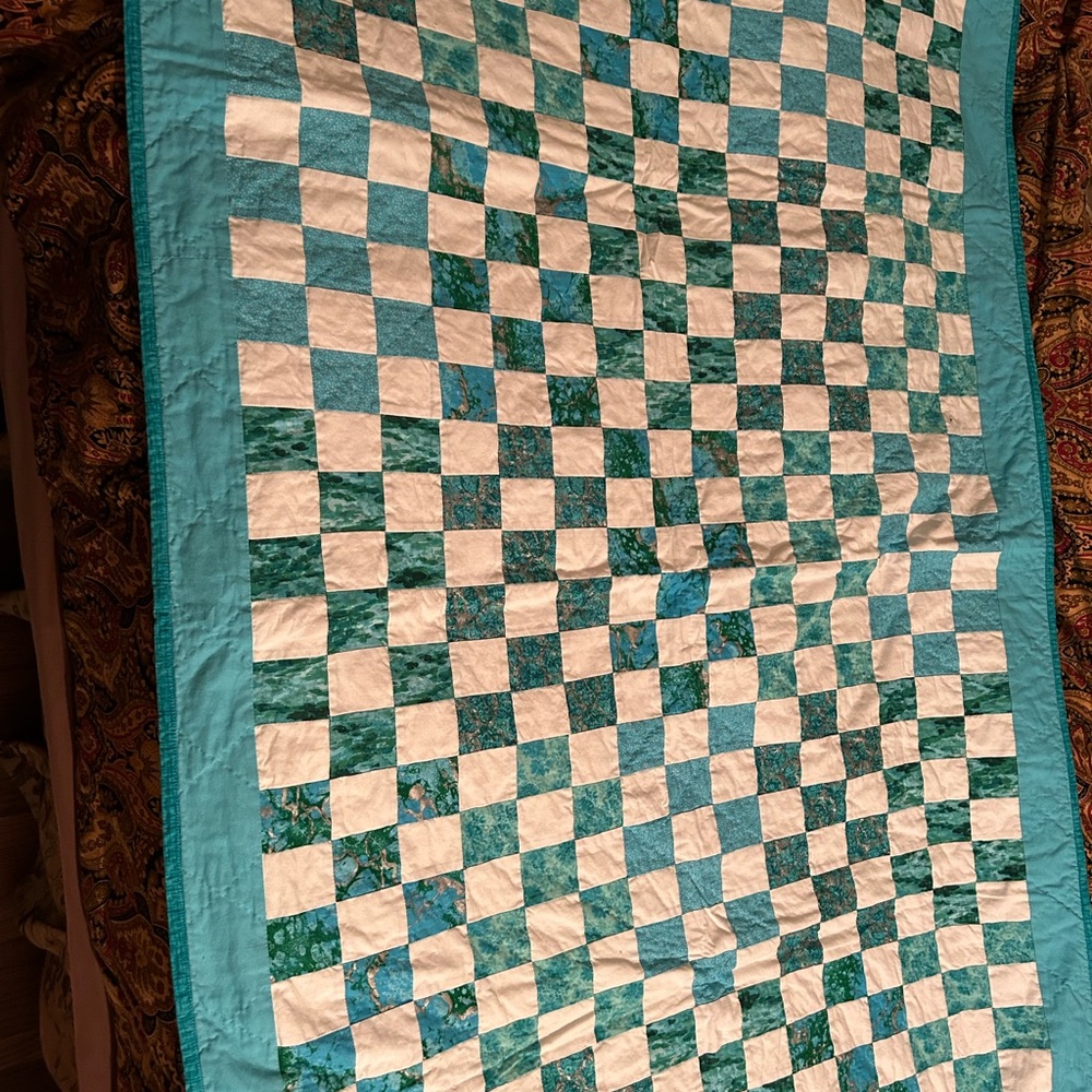 New Homemade Patchwork Hand Sewn Geometric Cotton Lap Quilt, ~39”x62”
